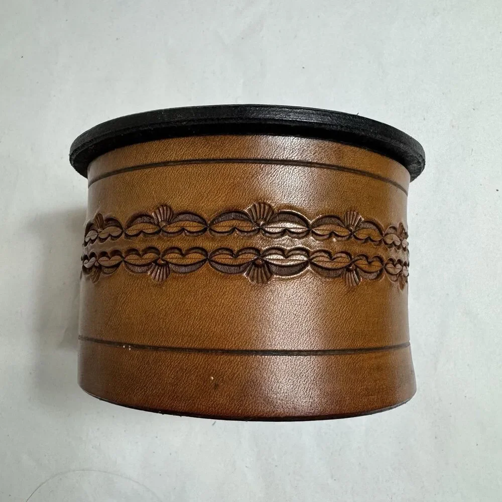 Vintage Leather Lidded Round Box Fur Lined 5 Inch Rare Trinket Jewelry Box